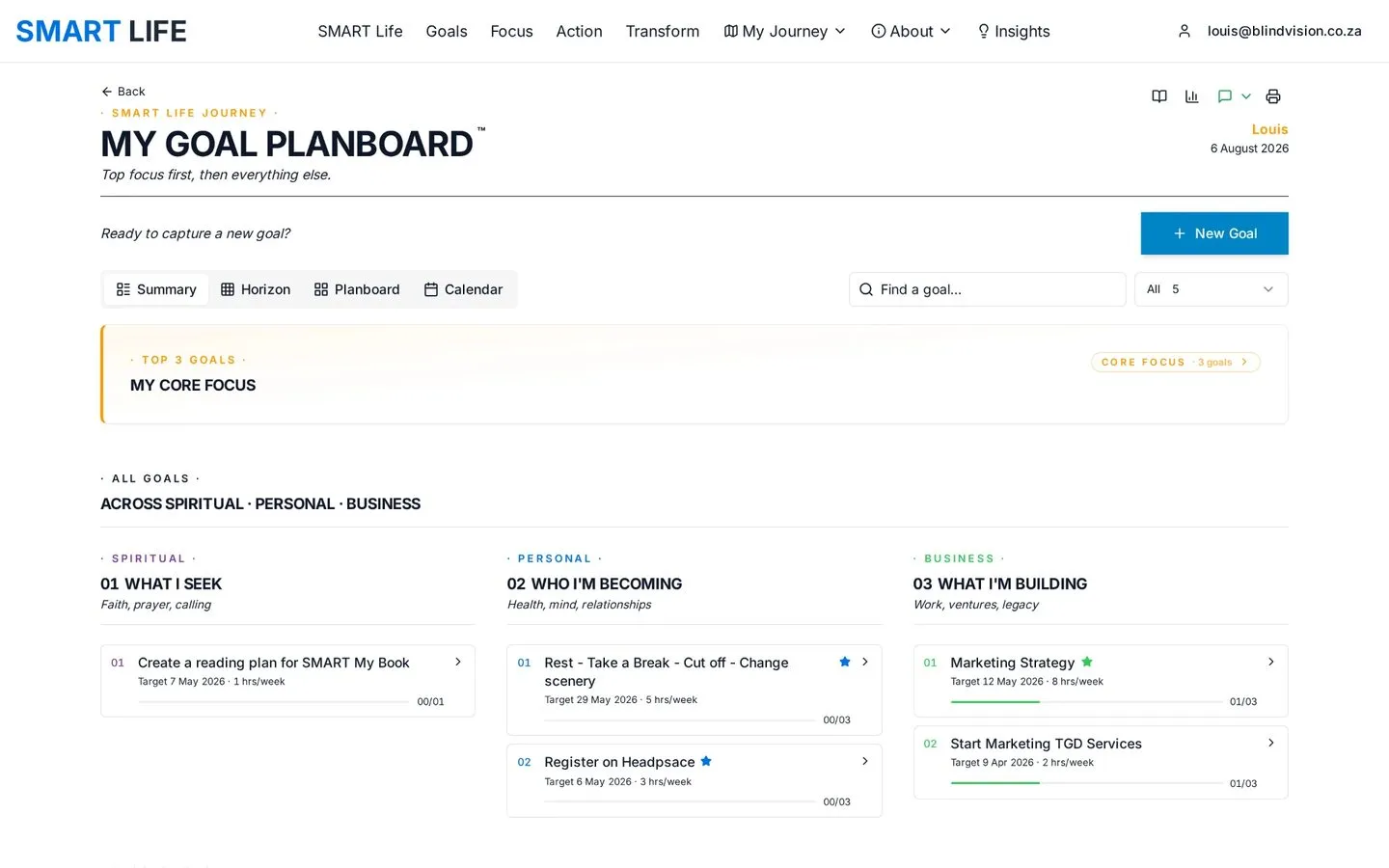 SMART Life App – goal planboard screen
