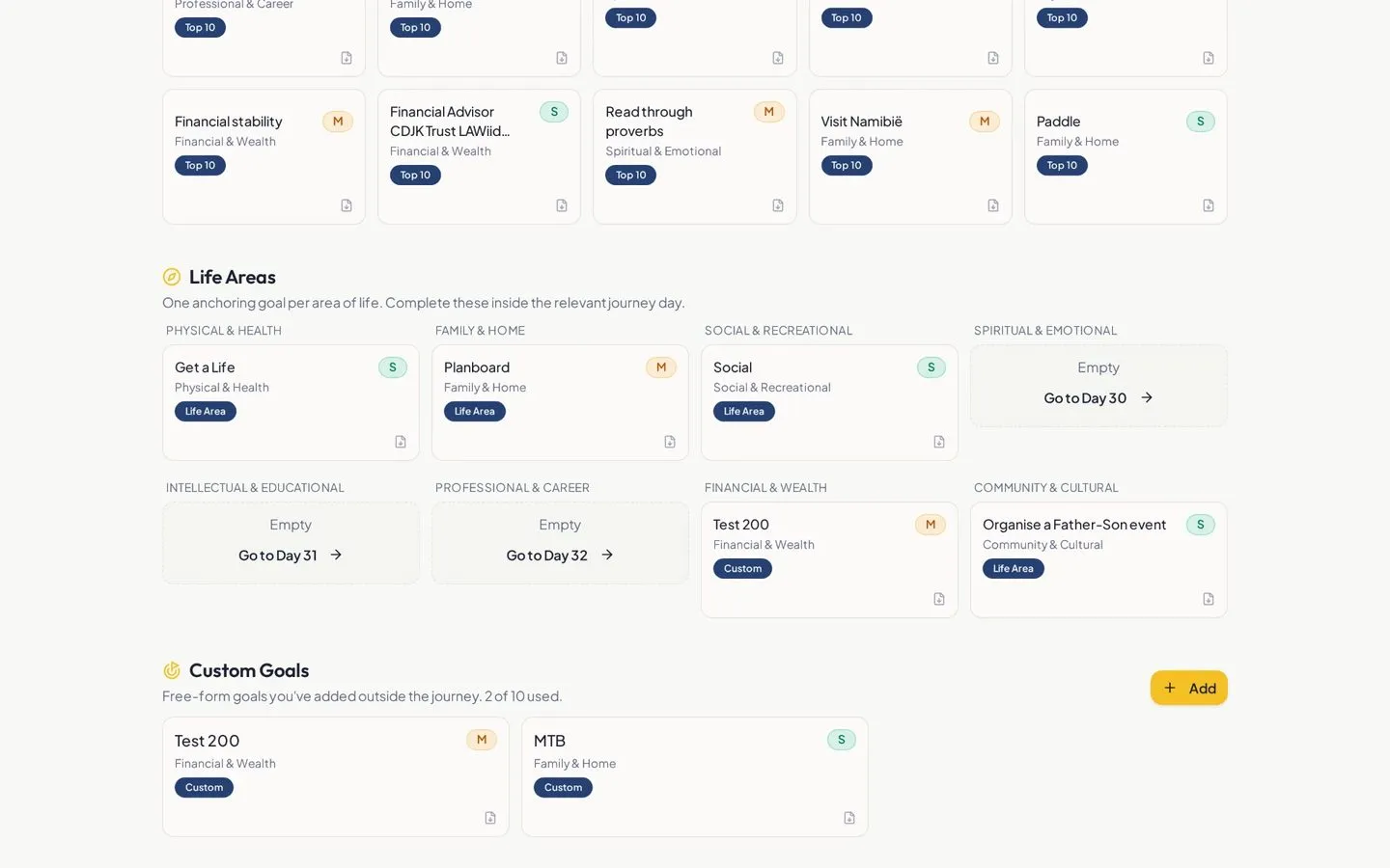 Get-A-Life – life areas screen