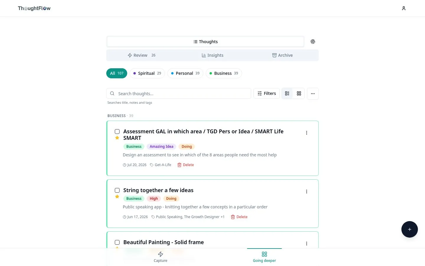 ThoughtFlow – thought categories screen