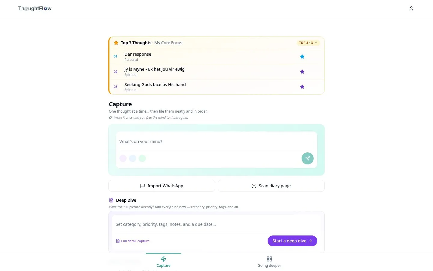 ThoughtFlow – top priority thoughts screen